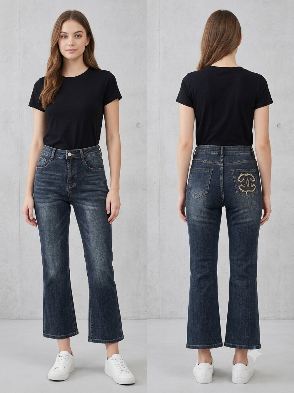 Source Unknown Dark Blue Embroidered Back-Pocket Flare Jeans